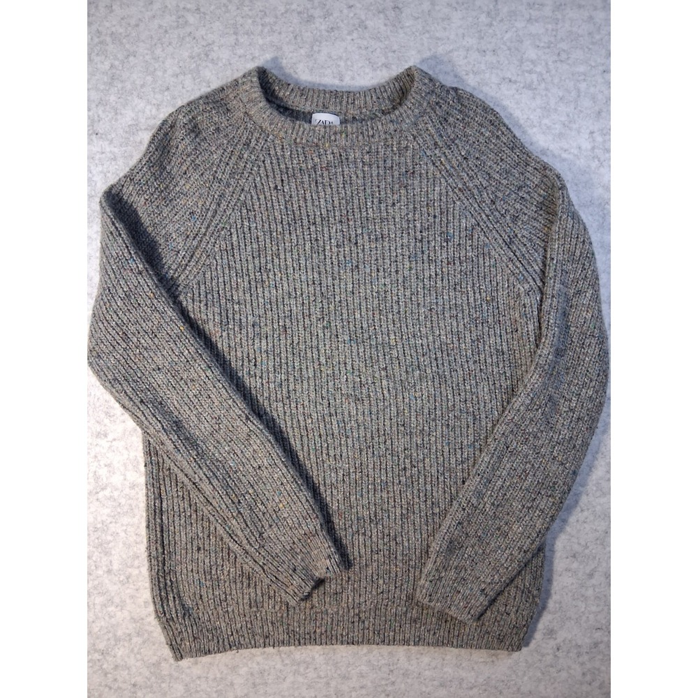 Zara Women's Medium Chunky Knit Sweater Gray Flecked Ribbed Crew Neck Pullover
